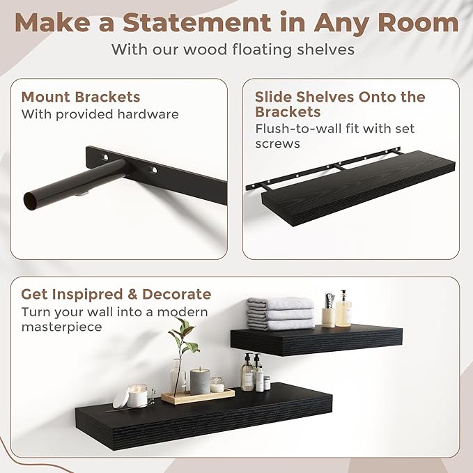 Marsmiles 12" Deep Floating Shelves for Wall with Invisible Brackets, Wall Mounted Engineered Wood Shelves with Wood Grain for Living Room, Bedroom, Kitchen Decor and Storage, 48" L Set of 1, Black