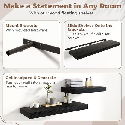 Marsmiles 12" Deep Floating Shelves for Wall with Invisible Brackets, Wall Mounted Engineered Wood Shelves with Wood Grain for Living Room, Bedroom, Kitchen Decor and Storage, 72" L Set of 1, Black