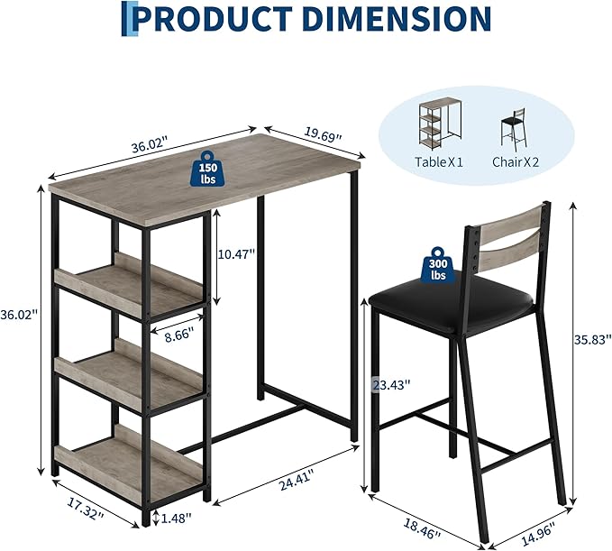 GarveeHome 3-Piece Kitchen Table Set with Storage Shelves & 2 Upholstered Chairs - Iron and Wood Dining Table for Small Spaces, Apartments, Condos, Grey
