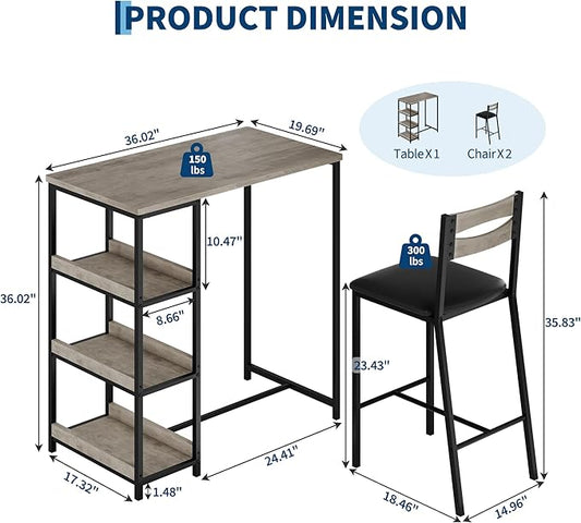 IDEALHOUSE 36" Counter Height Dining Table Set for 2 with Upholstered Bar Chairs and Storage Shelves, Space-Saving Kitchen Table for Small Space, Apartment, Studio, Grey