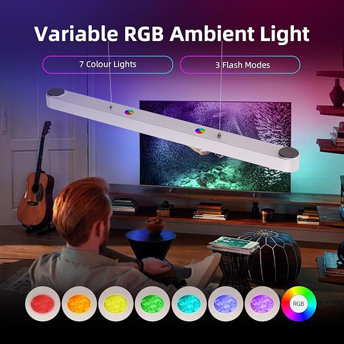 39” Smart Pendant Light with Bluetooth Speakers, 50W 2500 Lumens Kitchen Island Light Pool Table Lamp with RGB Color Background Ambient Lighting for Dining Living Room Office (Silver)