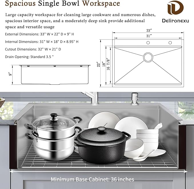 33x22 Drop In Kitchen Sink, Delironexu 33 Inch Kitchen Sink Workstation, 16 Gauge 304 Stainless Steel Top Mount Kitchen Sink Single Bowl with Accessories