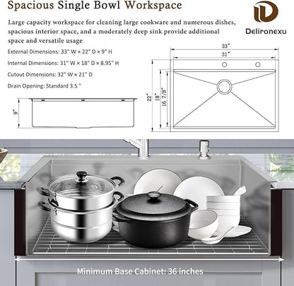 33x22 Drop In Kitchen Sink, Delironexu 33 Inch Kitchen Sink Workstation, 16 Gauge 304 Stainless Steel Top Mount Kitchen Sink Single Bowl with Accessories