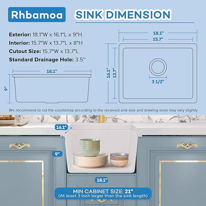Rhbamoa White Bar Sink 18 Inch,White Granite Composite Kitchen Sink 18''x16'',Undermount Small Wet Bar Sinks,Small Single Bowl Quartz Sinks with Accessories