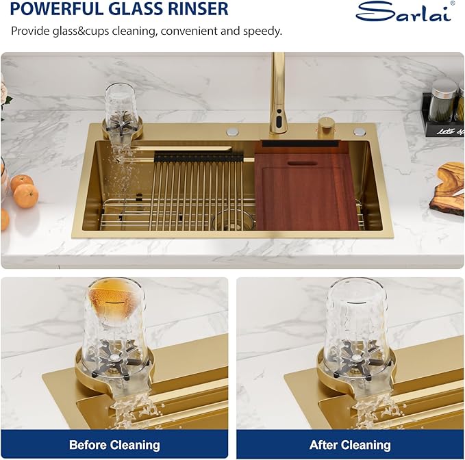 Sarlai 33 Inch Waterfall Kitchen Sink - 33x19 Gold Waterfall Drop In Sink Workstation Stainless Steel 16 Gauge Sink Multifunction Single Bowl Smart Top Mount Kitchen Sinks with Faucet Combo