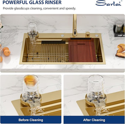 Sarlai 33 Inch Waterfall Kitchen Sink - 33x19 Gold Waterfall Drop In Sink Workstation Stainless Steel 16 Gauge Sink Multifunction Single Bowl Smart Top Mount Kitchen Sinks with Faucet Combo