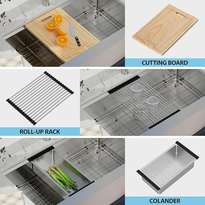 Kichae 36 Inch Farmhouse Kitchen Sink Ledge Workstation Apron Front Farmer Sink Stainless Steel Single Bowl Handmade Modern Farm Style with Accessories