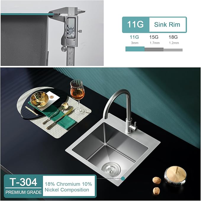 15 inch Drop in Bar Sink, Small Topmount Kitchen Sink Single Bowl, Handmade T-304 Stainless Steel Overmount Kitchen Bar Sink with Basket Strainer
