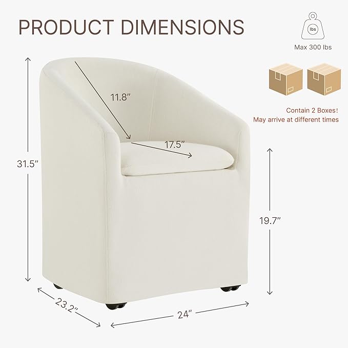 KISLOT Upholstered Dining Chairs Set of 2 with Casters, Modern Side Barrel Armchair with Washable Slipcover & Sturdy Metal Frame for Diningroom Bedroom Livingroom Reading Room, Beige Fabric