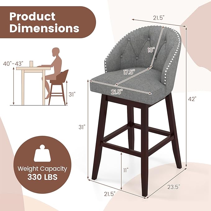 Giantex Modern Upholstered Bar Stools Set of 2, 31" Bar Height Swivel Kitchen Stools w/Button-Tufted Back, Rubber Wood Frame, Rivet Decoration, Linen Fabric Barstools for Counter Island, Cafe, Grey