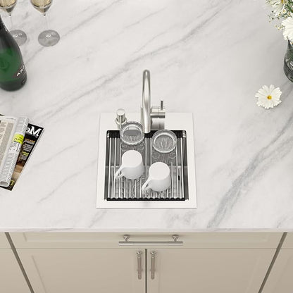 Dcolora Drop In Bar Sink 13x15x9 Inches, Workstation with Accessories, Brushed 304 Stainless Steel, Heavy Duty 16 Gauce, Small Single Bowl Perfect for Small Kitchen, Bar, Kitchen Island #DC-TW258005