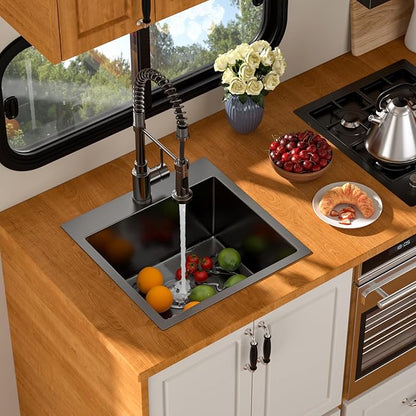 18 Inch Drop In RV Bar Sink - Beslend 18x18x9 Gunmetal Black Topmount Sink for RV Camper, Outdoor Kitchen Sink Black Stainless Steel Wet Bar with Roll-up Rack, Drain Assembly & Rinse Grid