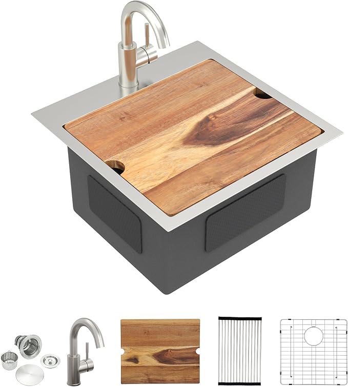 18"x18" Drop In Bar Prep Sink Workstation – 16 Gauge 304 Stainless Steel Top Mount Overmount Wet Bar RV Outdoor Kitchen Sink with Faucet