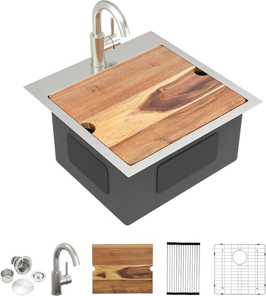 18"x18" Drop In Bar Prep Sink Workstation – 16 Gauge 304 Stainless Steel Top Mount Overmount Wet Bar RV Outdoor Kitchen Sink with Faucet