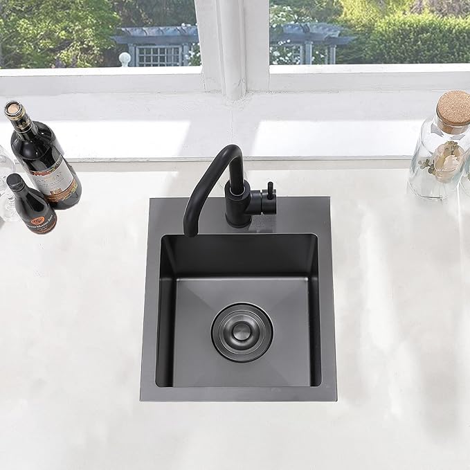 SHACO 15x15 Drop In Black Bar Sink, 15 Inch Stainless Steel Top Mount Gunmetal Black 16 Gauge Single Bowl Small Kitchen Outdoor RV Sink with Strainer Drain