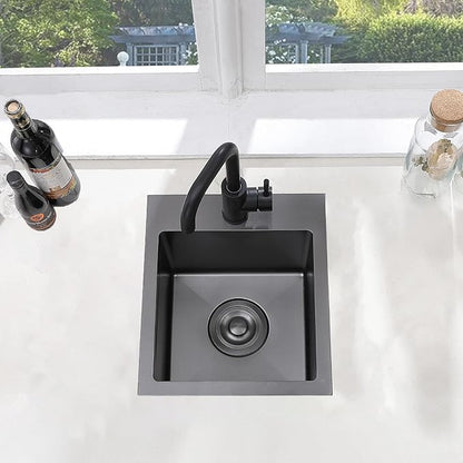 SHACO 15x15 Drop In Black Bar Sink, 15 Inch Stainless Steel Top Mount Gunmetal Black 16 Gauge Single Bowl Small Kitchen Outdoor RV Sink with Strainer Drain