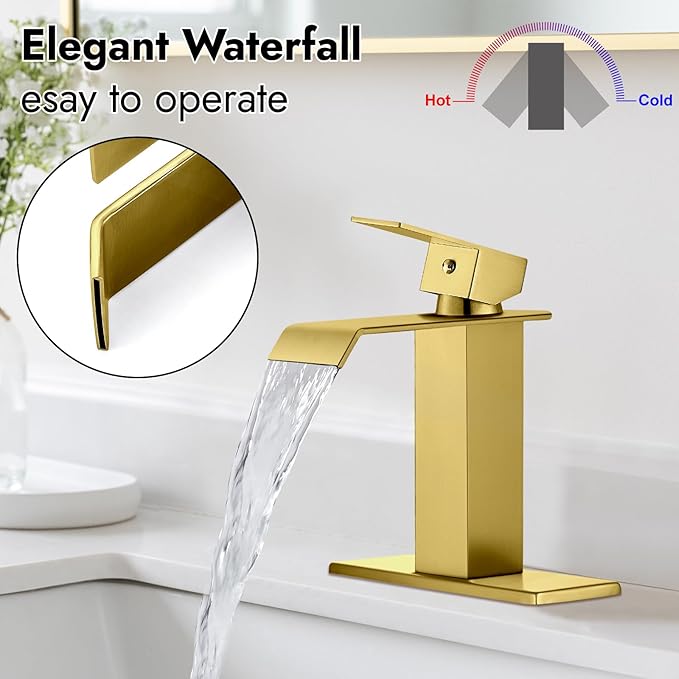 Midanya Waterfall Bathroom Faucets, Single Handle 1 Hole Bathroom Sink Faucet Modern RV Vanity Restroom Lavatory Basin Faucet with Pop Up Drain and Water Supply Lines,Brushed Gold