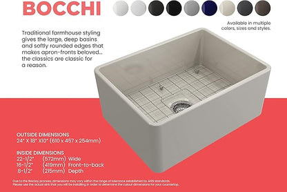 BOCCHI Classico Farmhouse Apron Front Fireclay 24 in. Single Bowl Kitchen Sink with Protective Bottom Grid and Strainer in Biscuit