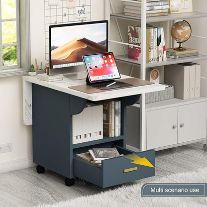 Wood Folding Dining Table with Wheels, Space-Saving Extendable Kitchen Table with Storage Rack and Drawer, Movable Versatile Table for Dining, End Table, or Workspace
