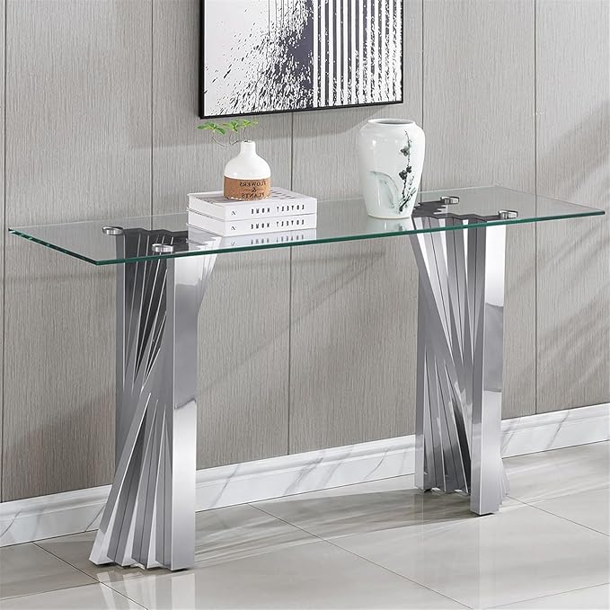 2 Piece Glass Coffee Table Set of 2 Modern Silver Living Room Table Set Include Coffee Table & Sofa Table,Tempered Glass Top with Stainless Steel Base for Home Office