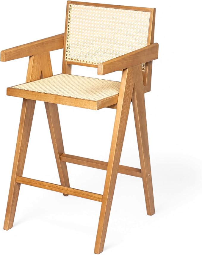 Modern Dining Chairs,Sturdy Rubberwood Frame with Woven Cane Backrest,Set of 2,Stylish Simple Natural Design,Applicable To Front Porch,Outdoor Lounge,Kitchen Island Bar Stools,Versatile Use,Natural-Wo