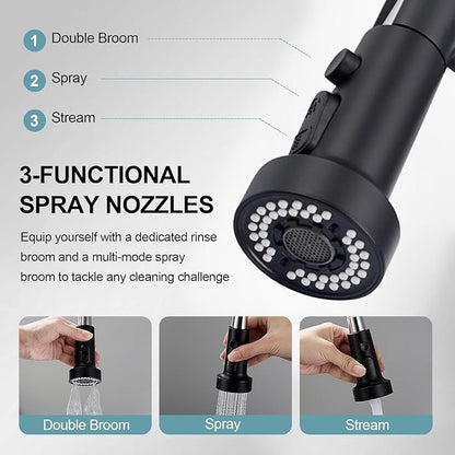 Kitchen Faucets with Pull Down Sprayer, Matte Black Stainless Steel Single Handle Pull Out Spring Sink Faucet, 3 Function Sprayer 1 or 3 Hole Deck Plate for Farmhouse Laundry Rv Bar