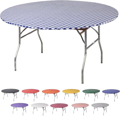 Kwik-Covers 10 Pack of Round Plastic Table Covers - 60" or 72" Round - Indoor or Outdoor Fitted Covers (Tables NOT Included) (Blue Gingham, 72" Round)