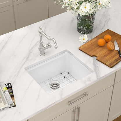 Dcolora 21 In. White Granite Composite Small Kitchen Sink, Single Bowl Workstation Undermount Prep Sink, Quartz Bar Sink, 21"x18"x9.65" #DC-GBUS25471