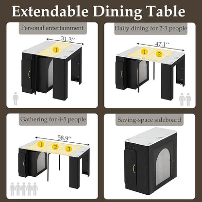 Extendable Dining Table for 4-6, 33''-59'' Extending Dining Table w/Removable Leaves Space Saving, Mobile Rolling Island Tables with Power Outlet Wooden Adjustable Tables for Kitchen (Black)