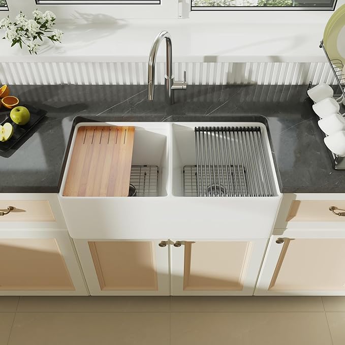 DeerValley Farmhouse Sink Workstation, 33 inch White Fireclay Apron Front Farm Sinks, Double Bowl Deep Drop-in Undermount Sink with Workstation Accessories