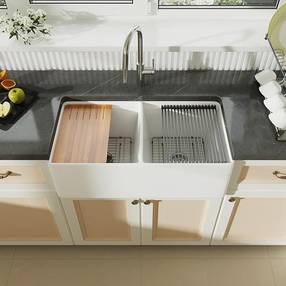 DeerValley Farmhouse Sink Workstation, 33 inch White Fireclay Apron Front Farm Sinks, Double Bowl Deep Drop-in Undermount Sink with Workstation Accessories