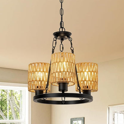 3-Light Boho Rattan Chandeliers for Dining Room,Farmhouse Wagon Wheel Chandeliers,Adjustable Height Hanging Round Pendant Lighs for Kitchen Island,Wicker Lampshade Chandelier Light Fixture
