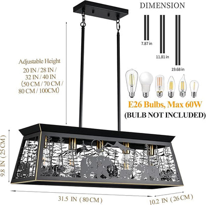 Farmhouse Rustic Dining Room Light Fixture with Bear Design, Black Kitchen Island Lighting, Black Rectangle Chandeliers，Rustic Chandelier for Dining Room Kitchen Island (32-Inch 5-Light)