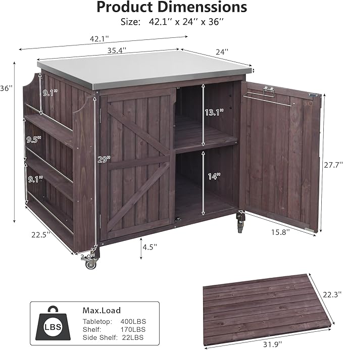 JIJIWANG 42.1" Outdoor Kitchen Island with Stainless Steel Top and Side Shelf, Outdoor Grill Cart with Storage Cabinet and Adjustable Shelves, Kitchen Cart on Wheels for Small Spaces Dark Brown