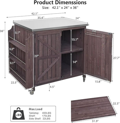JIJIWANG 42.1" Outdoor Kitchen Island with Stainless Steel Top and Side Shelf, Outdoor Grill Cart with Storage Cabinet and Adjustable Shelves, Kitchen Cart on Wheels for Small Spaces Dark Brown