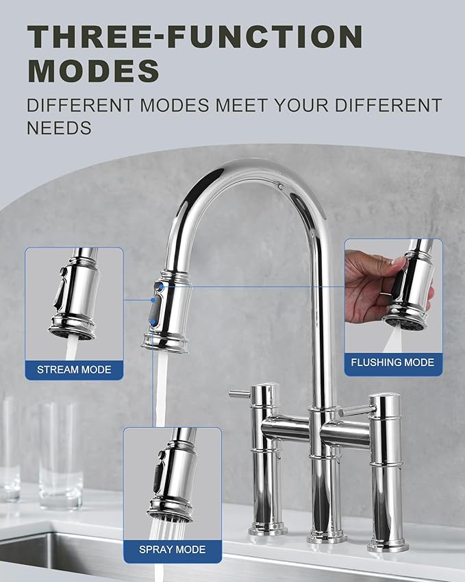 Bridge Faucet for Kitchen Sink: iVIGA Chrome Farmhouse 3 Hole Kitchen Faucet with Pull Down Sprayer (3 Spray Modes) - 2 Handle High Arc Brass Faucet with 360° Swivel, with Supply Lines