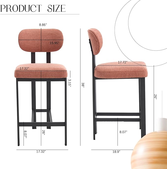 Bar Stools Set of 2, 26 inch Upholstered Fabric Counter Height Bar stools, Kitchen Island Chairs with Black Metal Legs for Dining Room,Kitchen Island,Bar