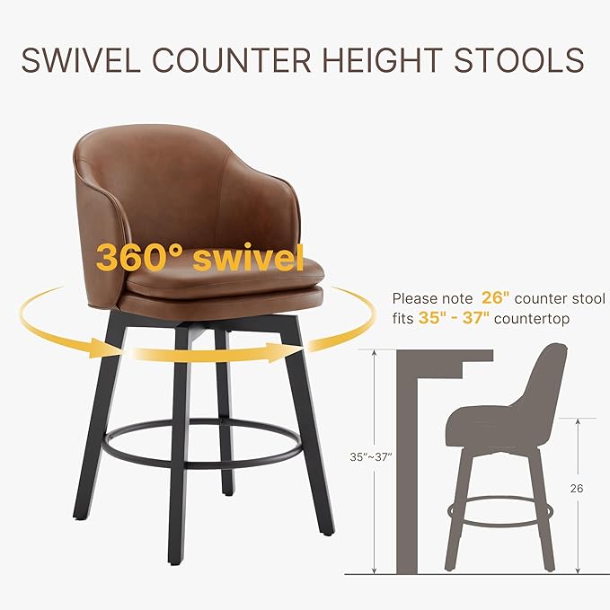 KISLOT Counter Height Barstools 26 inch Upholstered Swivel Bar Stools with Back for Kitchen Island,Set of 2,Brown PU Leather