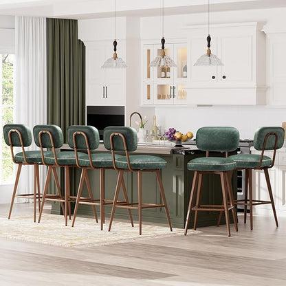 MALOL 26“ Swivel Bar Stools Set of 6, Mid Century PU Leather Counter Height Bar Chairs with Low Back and Metal Legs, Modern Bar Stool Chair for Kitchen Island, Green