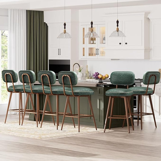 MALOL 26“ Swivel Bar Stools Set of 6, Mid Century PU Leather Counter Height Bar Chairs with Low Back and Metal Legs, Modern Bar Stool Chair for Kitchen Island, Green