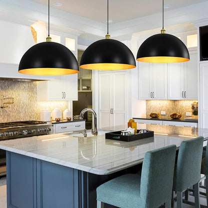 Black-Farmhouse Pendant-Light Hanging-Lamp Fixtures - 16 inch Kitchen Island Pendant Lights Industrial Dome Ceiling Lighting Dining Room Large Vintage Light for Indoor Black and Gold