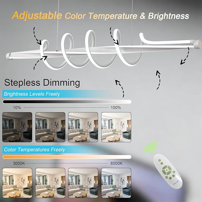 Modern LED Pendant Lighting Fixtures, Dimmable Led Chandelier with Remote Control,Acrylic and Aluminum Music Shape Adjustable Kitchen Island Hanging Lamp Painting Lamp for Dining Table Office Bedroom