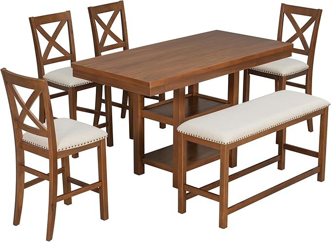 Solid Wood Counter Height Dining Table Set for 6, Expandable Bar Table with 4 Chairs and a Bench, Farmhouse Kitchen Table Set with 2-Tier Storage Shelves for Dinning Room Living Room (Brown-4.9)