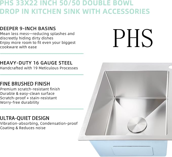 PHS 33 Inch Drop In Double Bowl Kitchen Sink 50/50-16 Gauge Stainless Steel Overmount Kitchen Sink 33x22 with Accessories, 9 Inch Deep Sinks with Brushed Finish