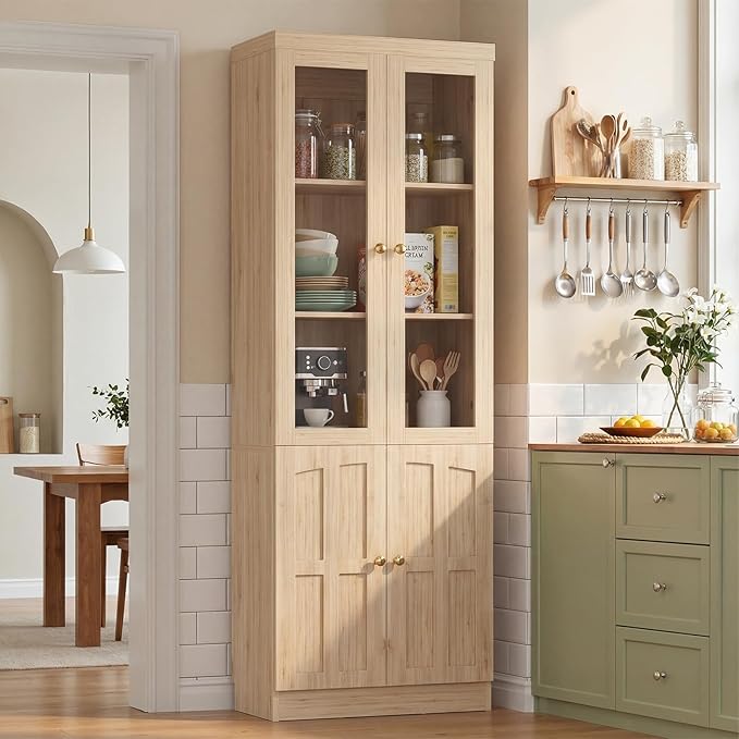 Cyclysio Kitchen Pantry Cabinet, 80" Wood Pantry Storage Cabinet with Doors and Adjustable Shelves, Kitchen Cabinet with Thickened Top Panel, Tall Cabinet for Livingroom, Pantry, Bathroom (1, Natural)
