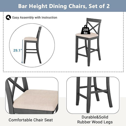 3 Piece Dining Table Set, Farmhosue Kitchen Bar Table Set with 2 Upholstered Chairs, Solid Wood Bar Table and Chairs Set for Kitchen, Dining Room, Living Room, Home Bar, Grey