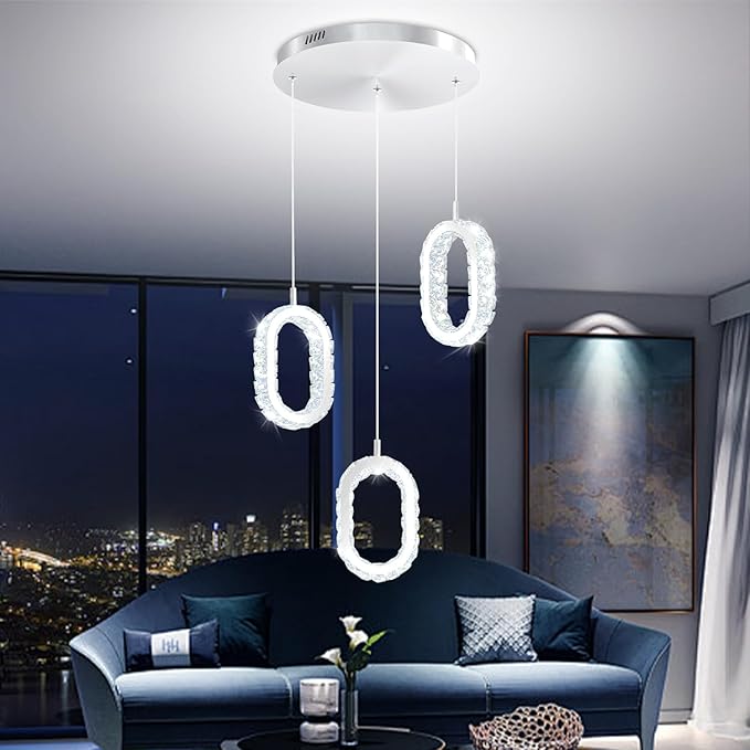 Modern LED Ring Chandelier Dimmable Crystal Ring Pendant Light for Kitchen Island Crystal Ring Chandelier for Dining Room Bedroom Living Room 3-Light Silver
