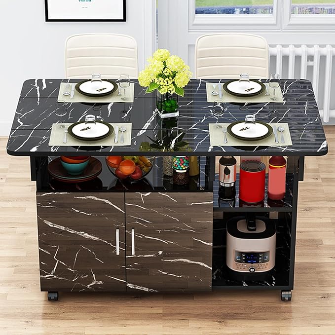 Kitchen Island with Drop Leaf, Rolling Island Cart Mobile Folding Dining Table with 4 Wheels and Shelf(Black,L130cm/51in)