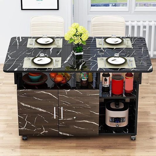 Kitchen Island with Drop Leaf, Rolling Island Cart Mobile Folding Dining Table with 4 Wheels and Shelf(Black,L140cm/55in)