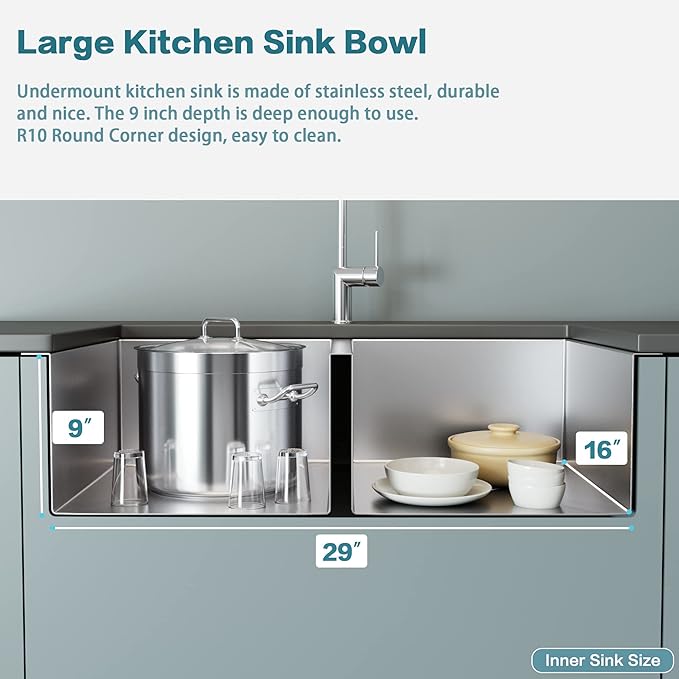 LQS Kitchen Sink 31x18, 31 Inch Undermount Kitchen Sink Double Bowl, Stainless Steel Sink and 50/50 Double Bowl with Two Sink Grids and Two Sink Strainers